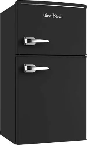 Vista 2 de West Bend - Mini refrigerador con congelador para dormitorio, oficina, bar o dormitorio, refrigerador compacto retro con estantes de vidrio Negro