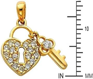 Vista 2 de Colgante de oro amarillo de 14 quilates con colgante de corazón y llave, Metal, Circonita Cúbica