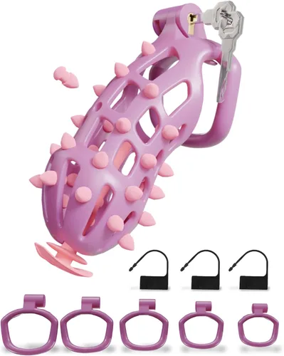 Vista 14 de Cobra Chastity Cage for Men, Invisible Lock, 5 Ball Rings (Pink, XS) Spiked cobra design, lightweight 3D printed open structure, breathable