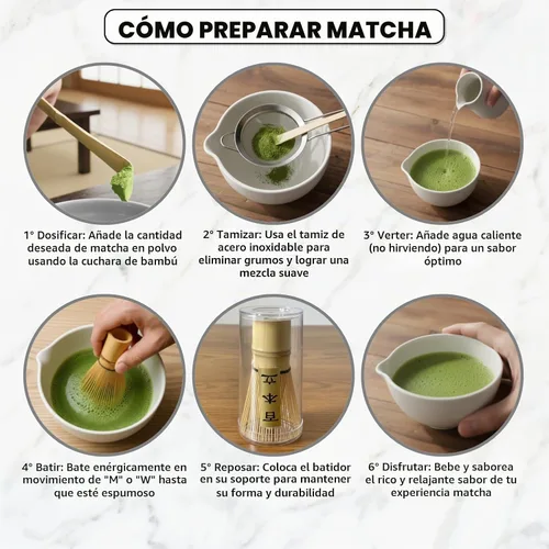 Vista 4 de Juego de 10 batidores Matcha Kit completo de té Matcha con cuenco de cerámica de 17 onzas, batidor y cuchara de bambú, soporte para batidor, tamiz