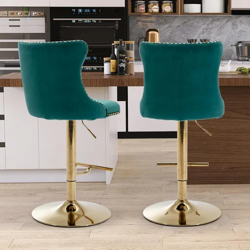 Vista 8 de SoarFlash Juego de 2 taburetes de bar de terciopelo giratorios ajustables con patas de metal chapado en oro, capitoné con botones, reposapiés