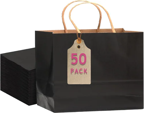 Vista 13 de qiqee Paquete de 50 bolsas de regalo de papel negro con asas a granel 13"x10.3"x4.6" bolsas de favor para fiestas de tamaño grande múltiples usos