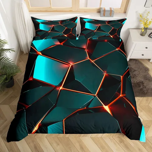 Vista 13 de Juego de ropa de cama geométrica de panal verde y azul, funda de edredón hexagonal estereoscópica para niños y niñas, funda de edredón hexagonal