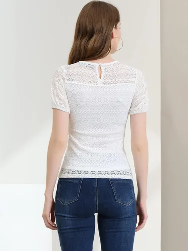 Vista 5 de Allegra K Blusa de encaje bordada elegante con manga abombada para mujer, M