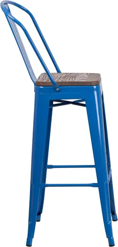Vista 6 de Merrick Lane Donnely Taburete de comedor, taburete de altura de mostrador, marco de metal en acabado azul, asiento de madera texturizada, respaldo