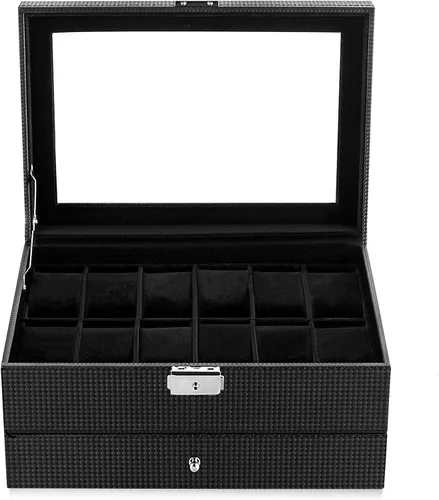 Vista 7 de Oyydecor Caja de reloj con 12 ranuras, organizador de relojes, organizador de joyas con cajón de joyería para almacenamiento y exhibición
