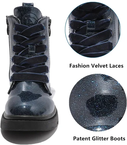 Vista 3 de DADAWEN Botas de tobillo con purpurina para niños y niñas, zapatos de combate impermeables con cremallera lateral para niños pequeños, niños grandes