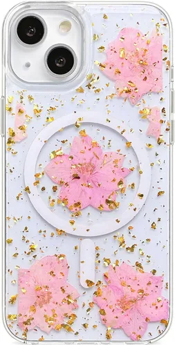 Vista 9 de Abbery Funda magnética para iPhone 14 Pro Max de 6.7 pulgadas, compatible con MagSafe Cute Clear with Design Glitter Sparkle Real Dry Pressed Flower