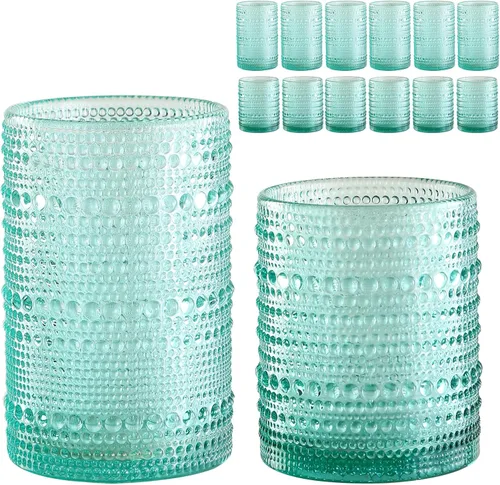 Vista 8 de ZMOWIPDL Juego de Cristalería Vintage de 12 Vasos para Beber, Azul 12oz y 15oz Vasos de Vidrio Hobnail, Vaso de Agua en Relieve, para Cerveza