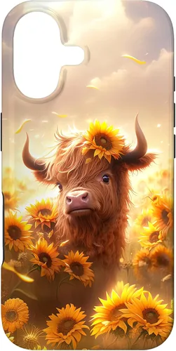 Vista 32 de Cute Scottish Highland Cow Sunflower Western Country Farm Case for iPhone 16