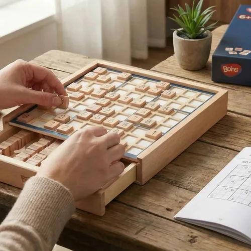 Vista 7 de BOHS Juego de Mesa de Sudoku de Madera con Cajón - con 100 Libros de Sudoku para Adultos - Juguetes de Mesa para el Cerebro