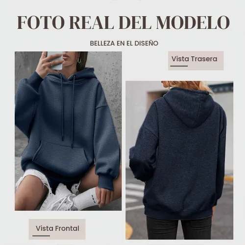 Vista 6 de Sudadera con capucha de algodón para hombre y mujer, sudadera casual de manga larga con cordón Azul marino