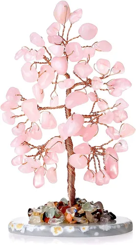 Vista 9 de DUQGUHO Árbol de cristal de cuarzo rosa, decoración rosa de cristal curativo, decoración de árbol de piedra preciosa de reiki de la suerte, regalos