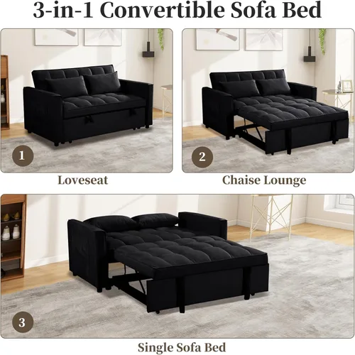Vista 3 de Sofá cama convertible 3 en 1, sofá biplaza reclinable de dos plazas con respaldo ajustable y bolsillo lateral, sofá lounge de terciopelo con cama