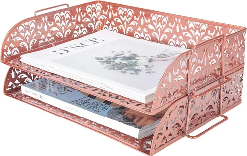Vista 10 de PAG - Juego de 2 bandejas de metal apilables para documentos y cartas, organizador de escritorio, Rose gold Oro Rosa