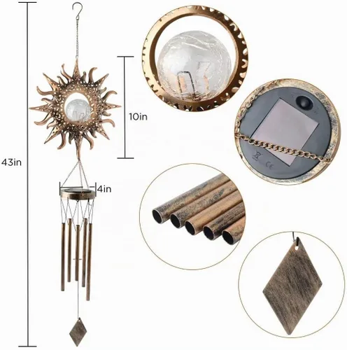 Vista 4 de Solar Wind Chimes Sun Decor Gift for Women Cracked Glass Light Wind Chime