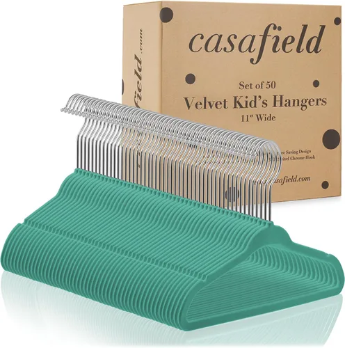 Vista 4 de Casafield 50 perchas de terciopelo para bebé, tamaño de 11 pulgadas para ropa de bebés y niños pequeños, color verde azulado