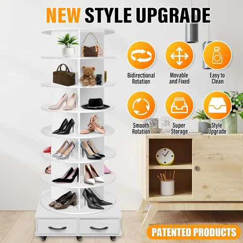 Vista 3 de Torre de estante giratorio para zapatos de 8 niveles contiene 2 cajones, Estante giratorio para zapatos Display Lazy Susan, Estantes giratorios