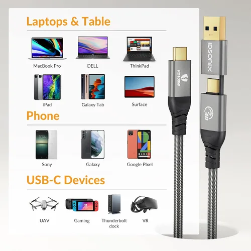 Vista 8 de Cable Thunderbolt 4 [certificación USB-IF] iDsonix 2 en 1 USB 4.0 Cable [3.3 pies] con transferencia de datos de 40 Gbps, pantalla dual 4K de 8K a