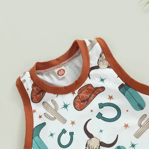 Vista 4 de Omkzanbi Ropa de verano para bebé del oeste, ropa de verano retro con estampado de vaca, mameluco sin mangas, lindo mono de vaquero de campo de 0-18