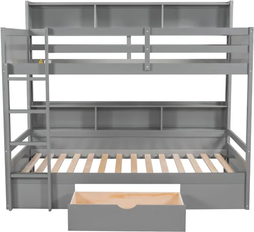 Vista 5 de Litera moderna de madera con cajón, literas individuales sobre individuales con estantes integrados junto a la cama superior e inferior, marco