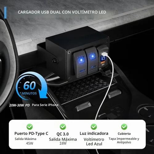 Vista 3 de Joinfworld Caja de Interruptor Basculante de 2 Posiciones Impermeable 12V Panel de Interruptor de Barra de Luz LED SPST ON/OFF con Doble Toma USB PD