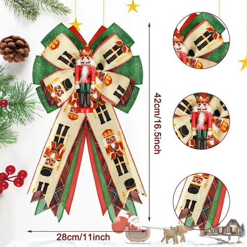 Vista 2 de Whaline Corona de Navidad, lazo de arpillera de cascanueces rojo y verde con colgante, adorno de árbol de Navidad, adornos de regalo