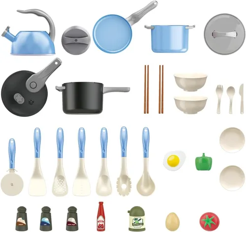 Vista 9 de Bruvoalon Juego de 32 juguetes de cocina para niños, accesorios de cocina con ollas, sartenes, utensilios de cocina, alimentos, verduras enlatadas