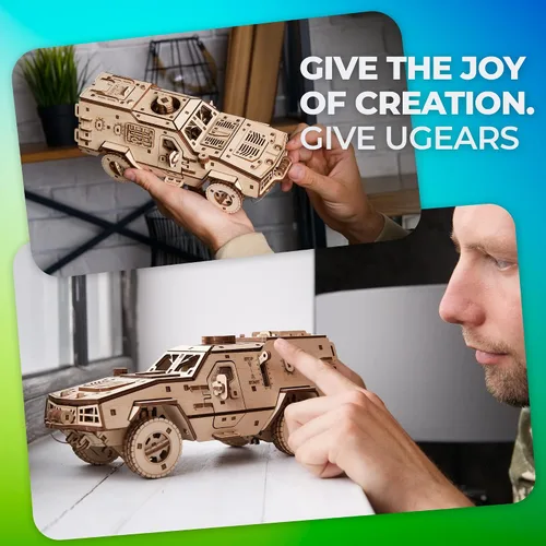 Vista 2 de UGEARS Battlefield Dozor B - Vehículo de combate blindado - Rompecabezas de madera 3D para adultos - Kit de modelo de rompecabezas 3D de vehículo