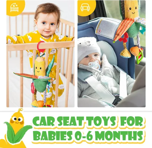 Vista 4 de Juguetes colgantes para cuna y asiento de automóvil para bebés de 0 a 12 meses con arrugados, chirriantes y mordedores, juguetes sensoriales suaves