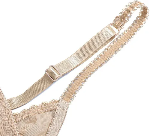 Vista 6 de Conjunto de lencería con brasier de malla transparente ligera sin forro con encaje para mujer