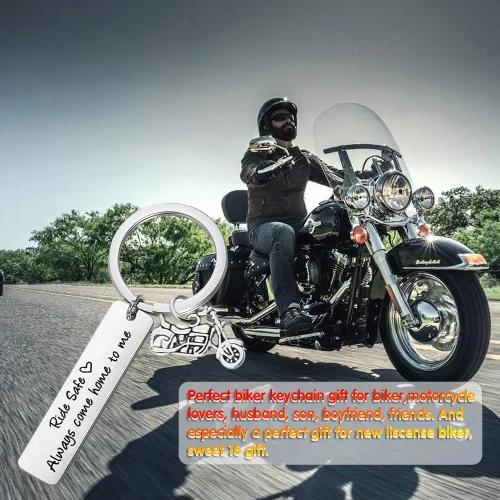 Vista 6 de Llavero de regalo para motociclista, siempre viene a casa, regalo para marido, hijo, familia, amigo, día de San Valentín, llaveros para novio, papá