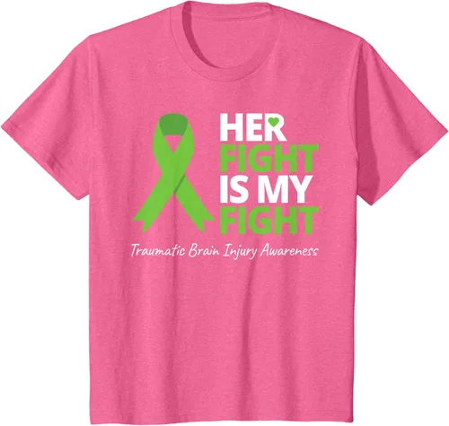 Vista 12 de Camiseta con cinta verde de la conciencia de la TBI, con texto en inglés "Her Fight Is My Fight" Jaspeado Oscuro
