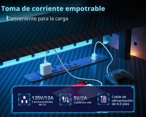 Vista 4 de Casaottima - Escritorio de juegos de 59 pulgadas con puertos de carga USB y luz LED - Escritorio reversible para computadora con 3 cajones de tela