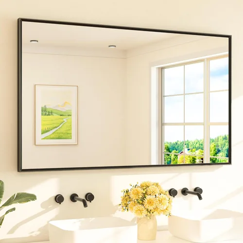Vista 71 de TETOTE Espejo de baño dorado cepillado de 20" x 30", espejo de tocador de baño rectangular de latón dorado cepillado con marco biselado para sobre
