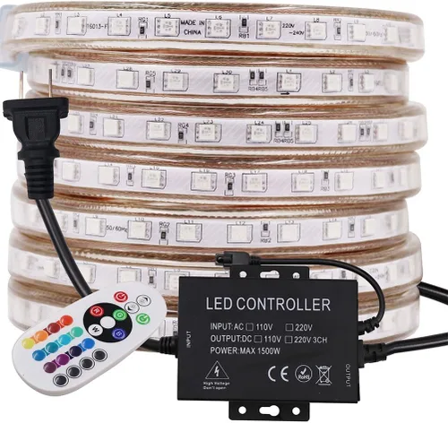 Vista 9 de Tira de luces LED RGB de alto voltaje, CA 110 V-120 V, 60 unidades SMD 5050 LED, control remoto, multicolor cambiante, impermeable, flexible
