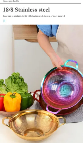 Vista 7 de Colador de acero inoxidable con asa y patas para pasta, espaguetis, bayas, verduras, frutas, fideos, ensaladas, colador de frutas, colador