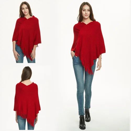 Vista 5 de Ferand Poncho de punto suave, elegante con flecos, estilo de cuello multicolor
