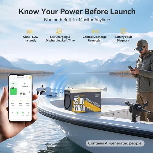 Vista 5 de Power Queen Batería de litio Bluetooth de 24 V 125 Ah con autocalentamiento, motor de arrastre LiFePO4, tamaño mini, protección a baja temperatura