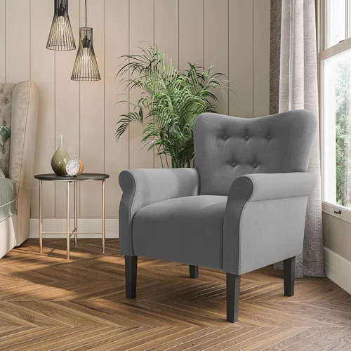 Vista 20 de BELLEZE Silla decorativa moderna, sillón de respaldo alto, silla lateral tapizada con respaldo alado, sofá individual acolchado con patas de madera