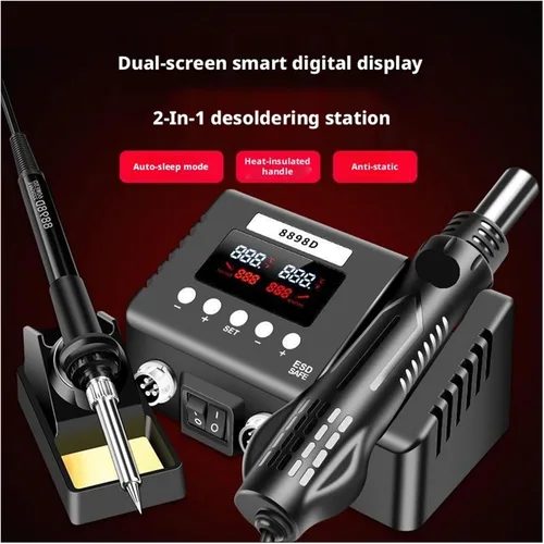 Vista 4 de Soldering Iron Station, Smart 2-in-1 SMD Rework Soldering Station 8898D, Dual Digital Display Hot Air Gun & Iron Kit