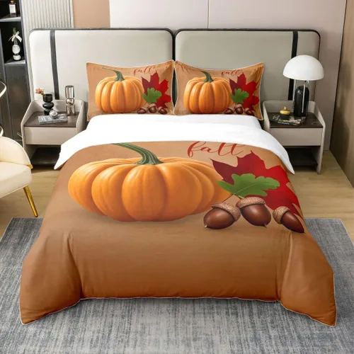 Vista 10 de Juego de funda de edredón de calabaza de otoño 100 % algodón, juego de ropa de cama de cosecha de Acción de Gracias para niños, niñas, adolescentes
