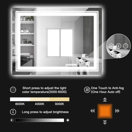 Vista 3 de Snowdool Espejo LED de baño, 48 x 40 pulgadas con luz frontal y retroiluminada, antivaho, espejo grande de tocador de baño para pared, función