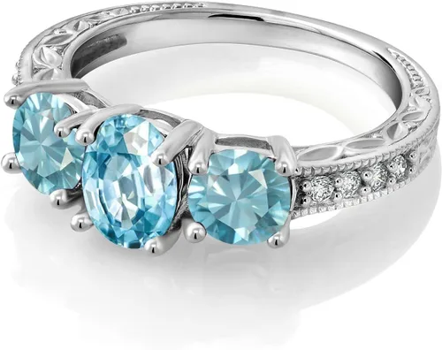 Vista 8 de Gem Stone King Anillo de compromiso de 3 piedras preciosas de oro blanco de 10 quilates con piedra natal y diamantes cultivados en laboratorio