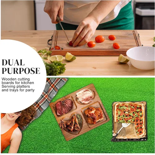 Vista 3 de Double Side Acacia Wood Serving Tray, Serving Platters and Trays, Charcuterie Boards Wooden Tray with Vintage Metal Handles, Wooden Cutting Boards
