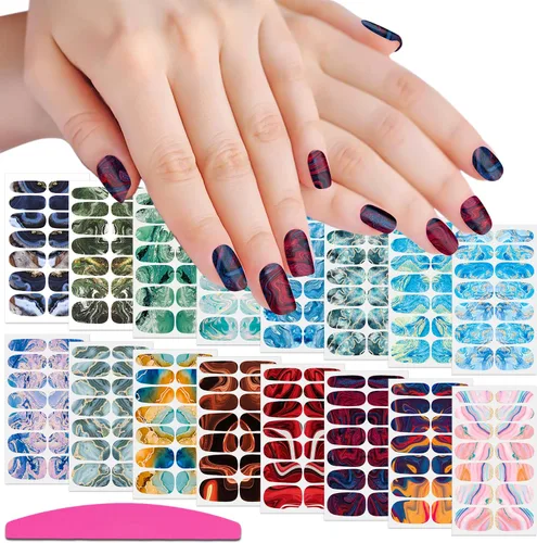 Vista 8 de 224 piezas de 16 hojas de color sólido y mate, autoadhesivas, tiras de esmalte de uñas para mujeres, calcomanías de arte de uñas, accesorios de uñas