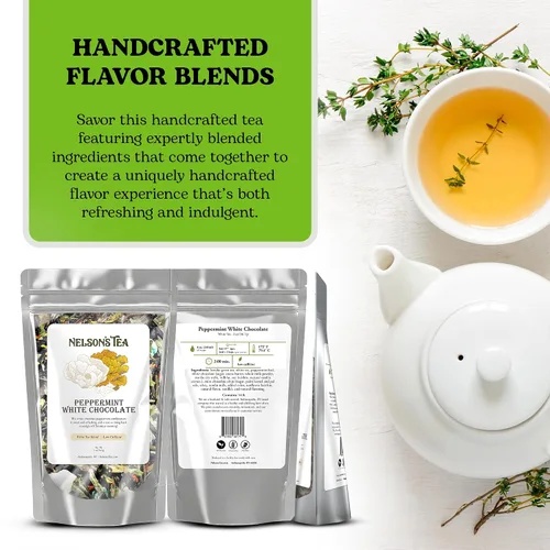 Vista 6 de Nelson's Tea - Té de hojas sueltas de menta y chocolate blanco - Té verde, té blanco, menta, cártamo y chocolate con menta - 2 onzas.