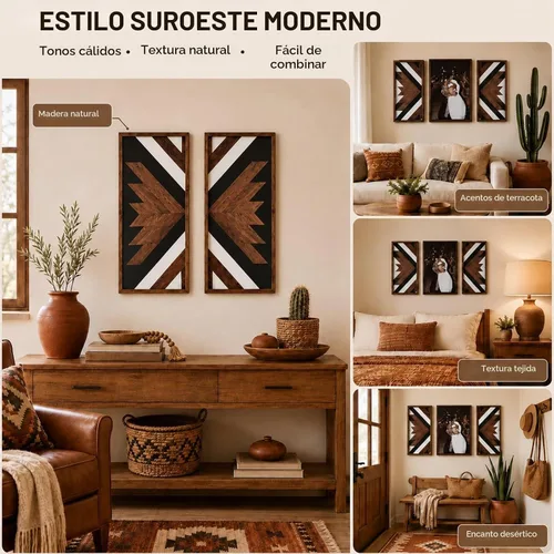 Vista 2 de 2 piezas de decoración de pared azteca con marco de madera, arte de pared occidental de madera de 20.9 x 9.8 pulgadas, decoración rústica del hogar
