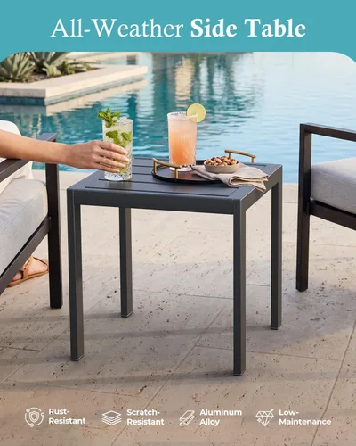 Vista 3 de Mesa auxiliar para exteriores, mesa auxiliar de aluminio para patio, mesa de balcón moderna y minimalista, resistente a la intemperie y fácil