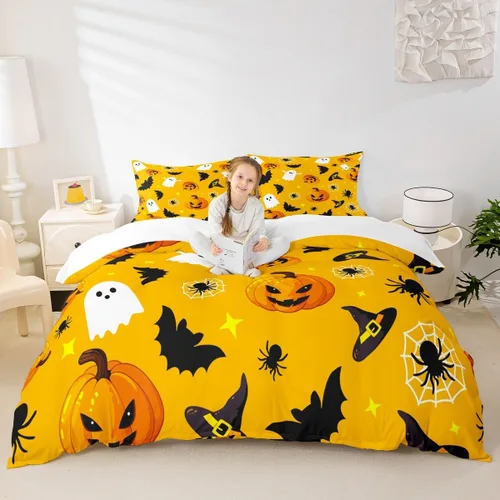 Vista 23 de Juego de funda de edredón de esqueleto, tamaño individual, estampado de flores de esqueleto humano, juego de ropa de cama con temática de Halloween